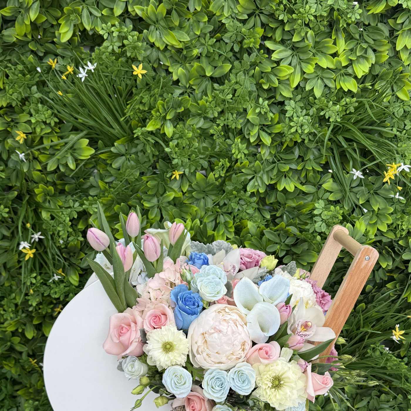 First Bloom pastel new baby flower basket from LiNa Garden in Van Nuys
