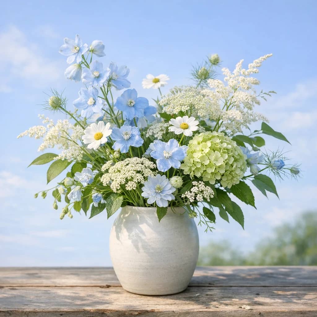 International Day of Clean Air for Blue Skies floral calendar still life with seasonal wildflowers, green hydrangea, textural foliage