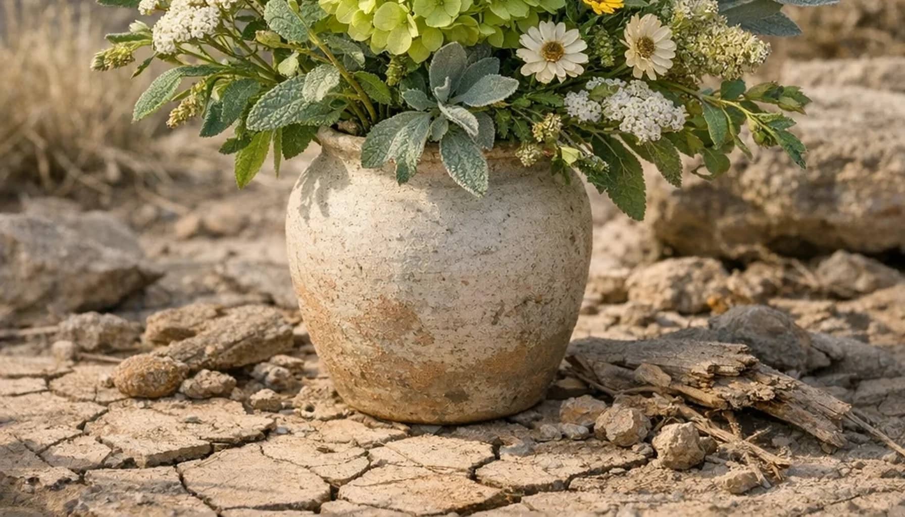 Desertification and Drought Day flower arrangement with seasonal wildflowers, green hydrangea, textural foliage designed as a respectful nature and sustainability floral guide