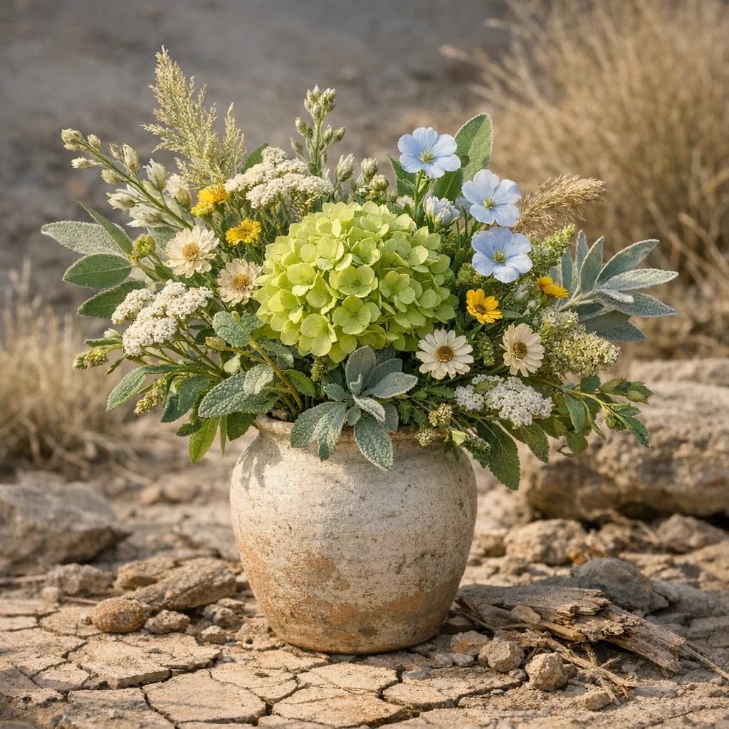 Desertification and Drought Day floral calendar still life with seasonal wildflowers, green hydrangea, textural foliage