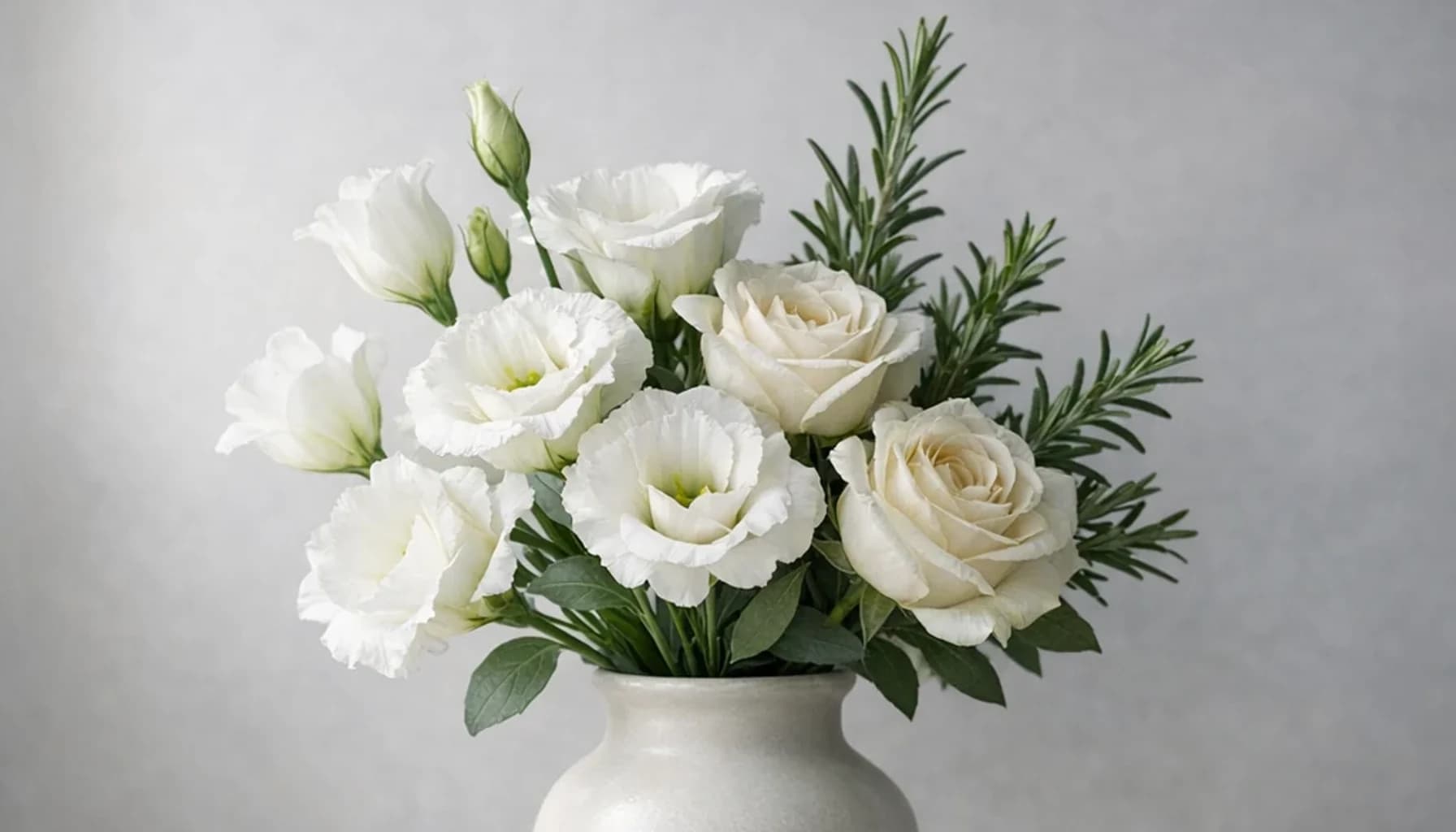 International Day for the Elimination of Violence against Women flower guide banner featuring white lisianthus, ivory roses, rosemary in ivory, mist, rosemary, charcoal tones