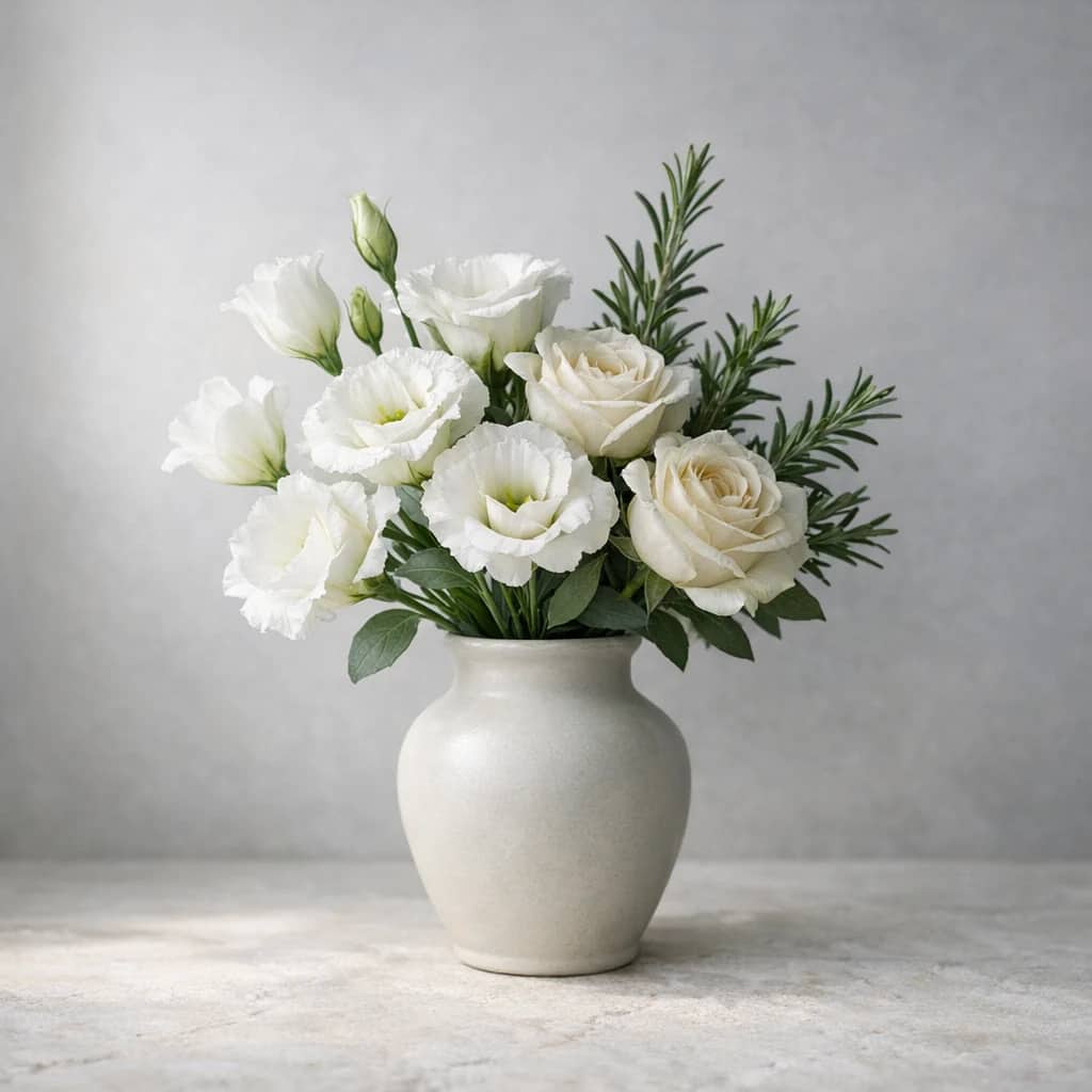 International Day for the Elimination of Violence against Women floral calendar still life with white lisianthus, ivory roses, rosemary