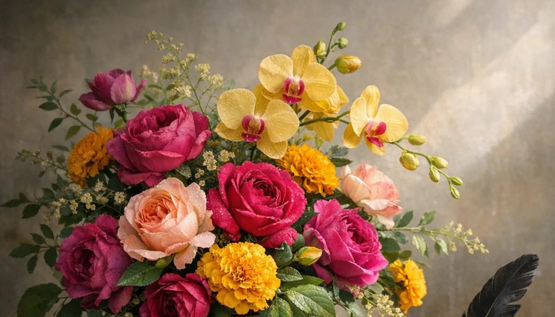 French Language Day flower guide banner featuring orchids, marigolds, garden roses in saffron, magenta, jade, gold tones