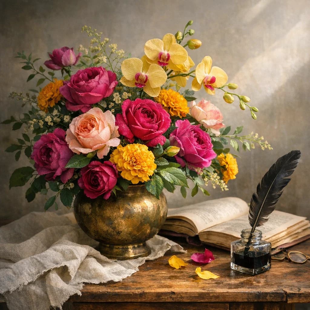 French Language Day floral calendar still life with orchids, marigolds, garden roses