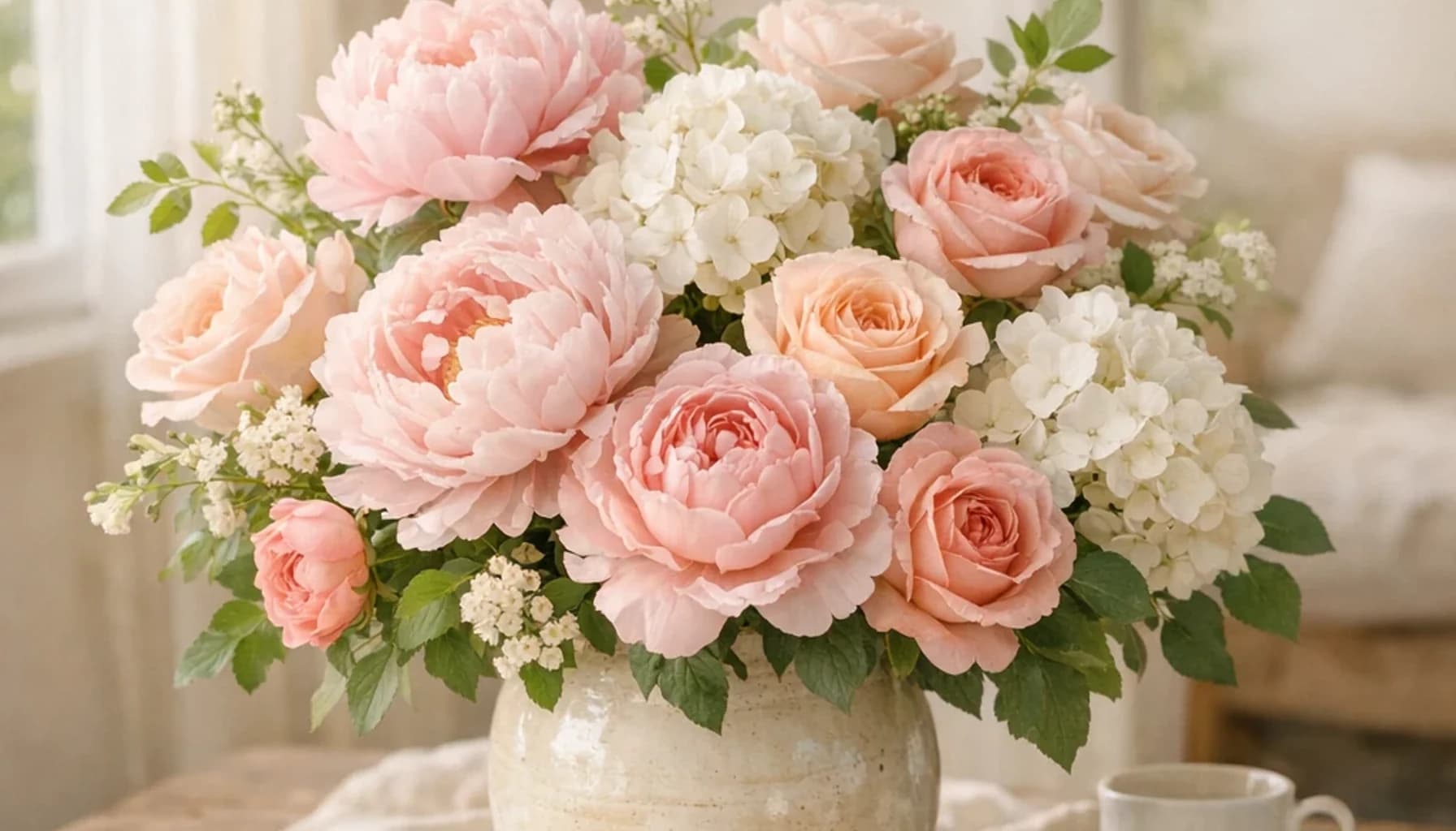 Global Day of Parents flower guide banner featuring peonies, pink roses, white hydrangea in petal pink, apricot, milk, soft green tones