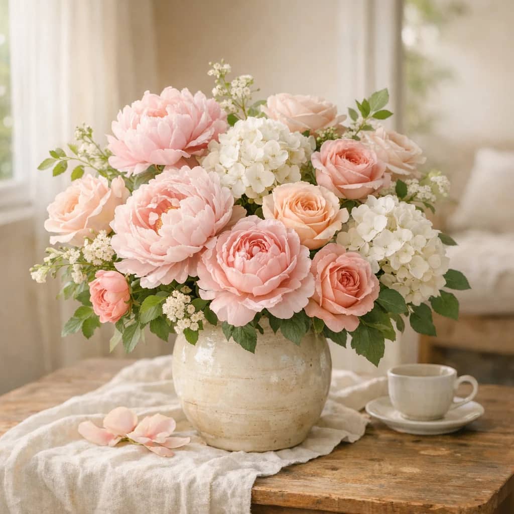 Global Day of Parents floral calendar still life with peonies, pink roses, white hydrangea