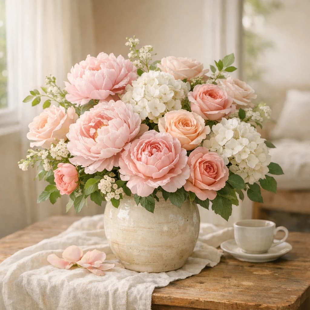 Global Day of Parents floral calendar still life with peonies, pink roses, white hydrangea