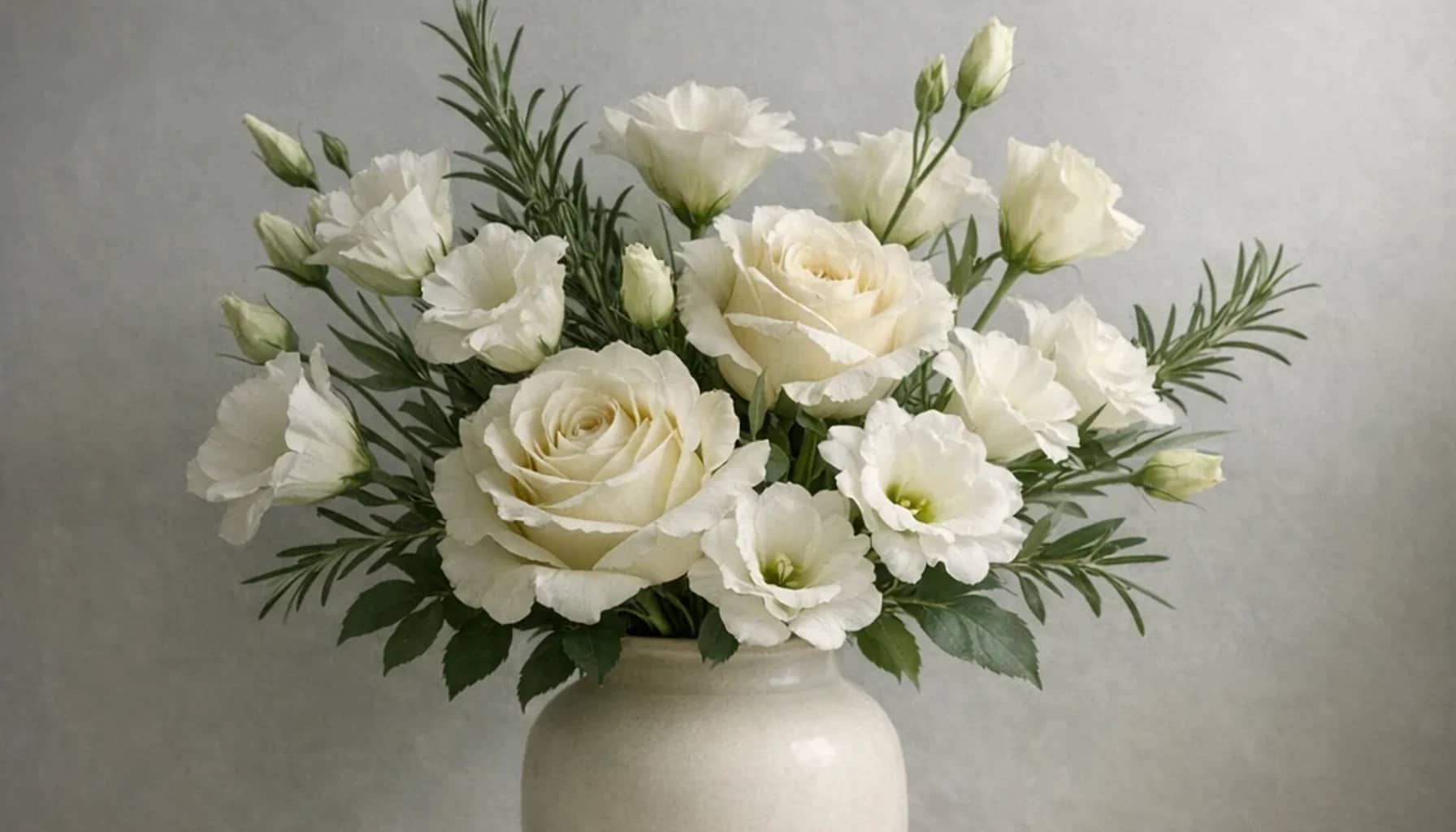 Holocaust Remembrance Day flower arrangement with white lisianthus, ivory roses, rosemary designed as a respectful remembrance and reflection floral guide