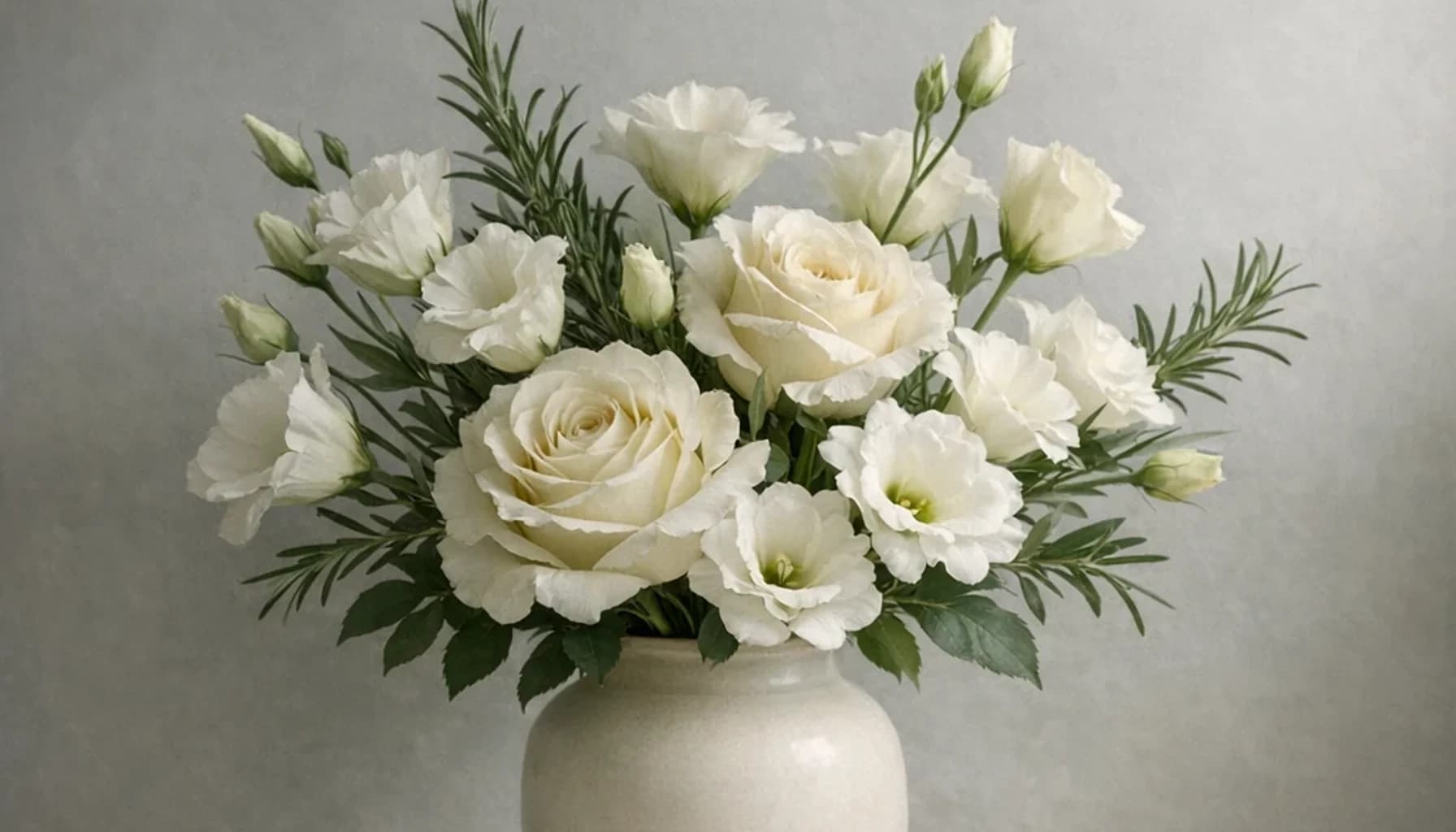 Holocaust Remembrance Day flower guide banner featuring white lisianthus, ivory roses, rosemary in ivory, mist, rosemary, charcoal tones