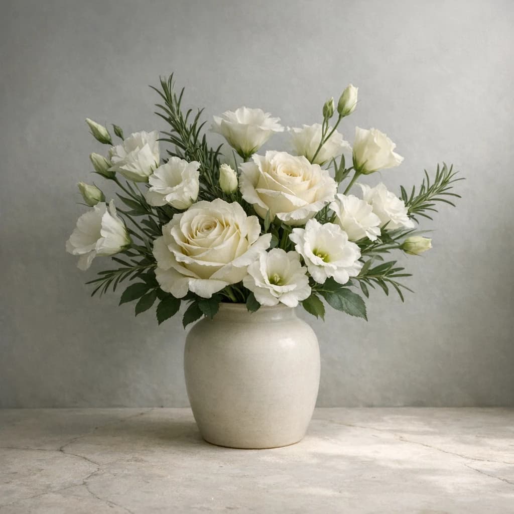 Holocaust Remembrance Day floral calendar still life with white lisianthus, ivory roses, rosemary