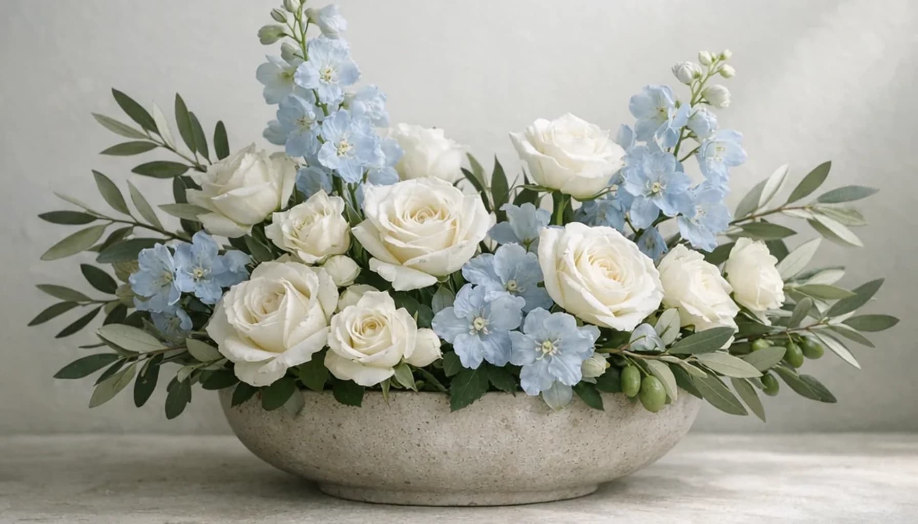 Human Rights Day flower guide banner featuring white roses, olive branches, pale blue delphinium in white, olive, pale blue, stone tones