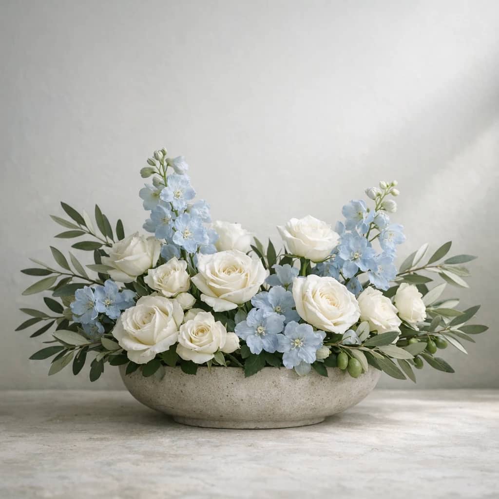 Human Rights Day floral calendar still life with white roses, olive branches, pale blue delphinium