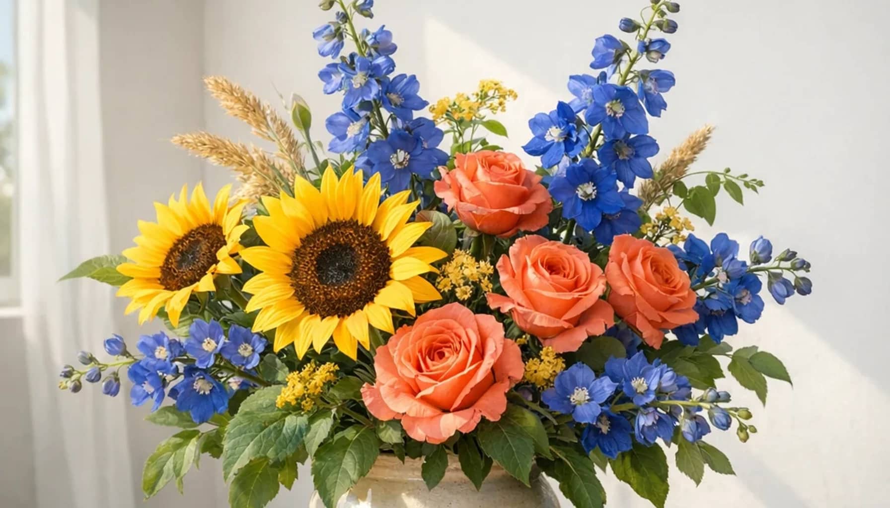 International Day of the World's Indigenous Peoples flower arrangement with sunflowers, coral roses, blue delphinium designed as a respectful community floral guide