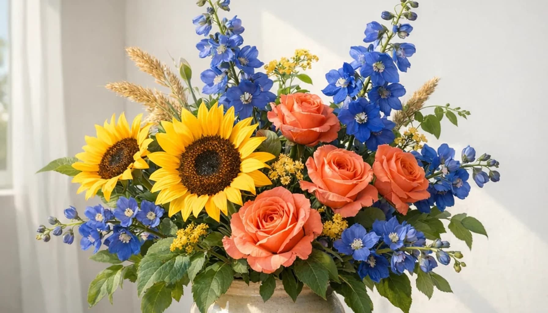 International Day of the World's Indigenous Peoples flower guide banner featuring sunflowers, coral roses, blue delphinium in sun, coral, blue, green tones