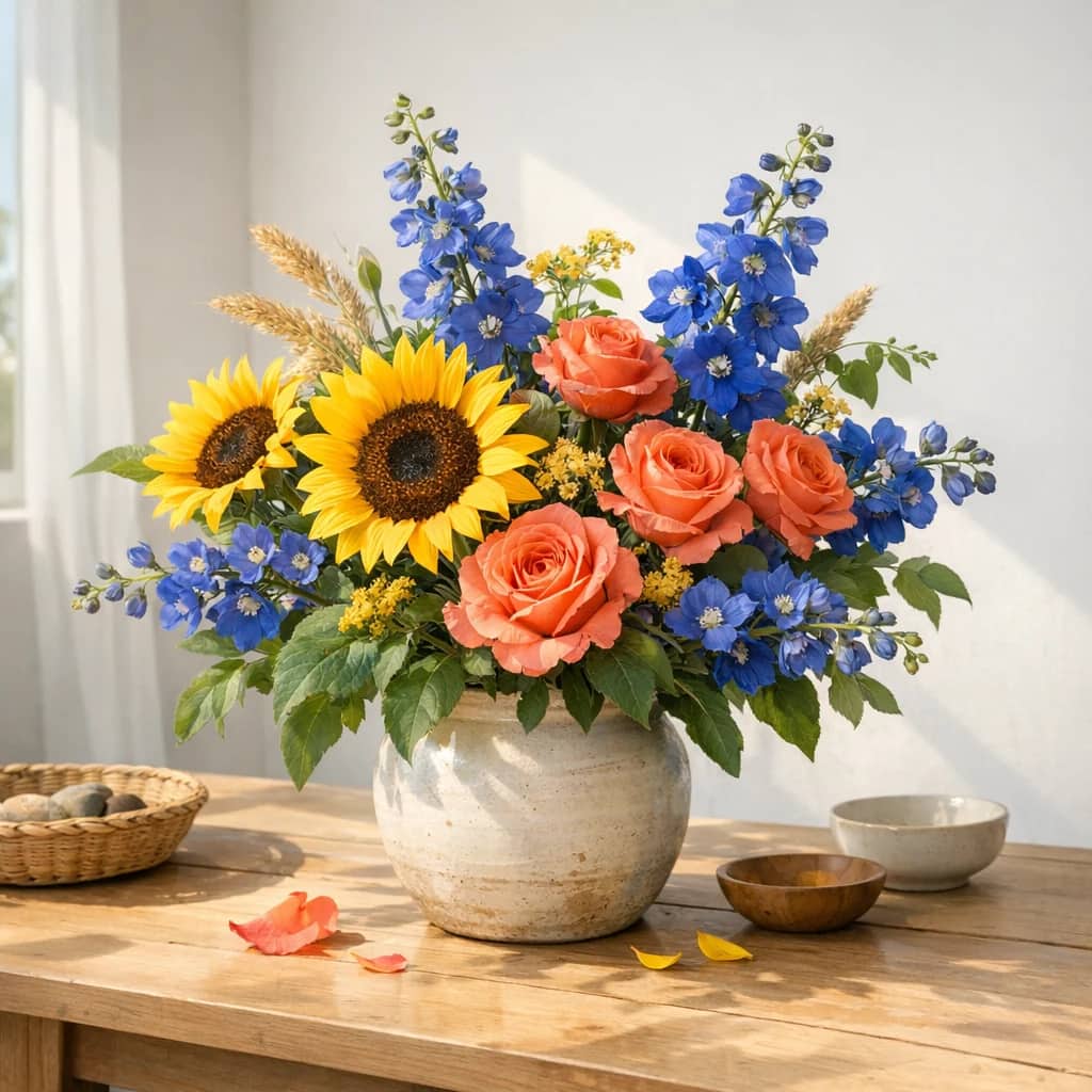International Day of the World's Indigenous Peoples floral calendar still life with sunflowers, coral roses, blue delphinium