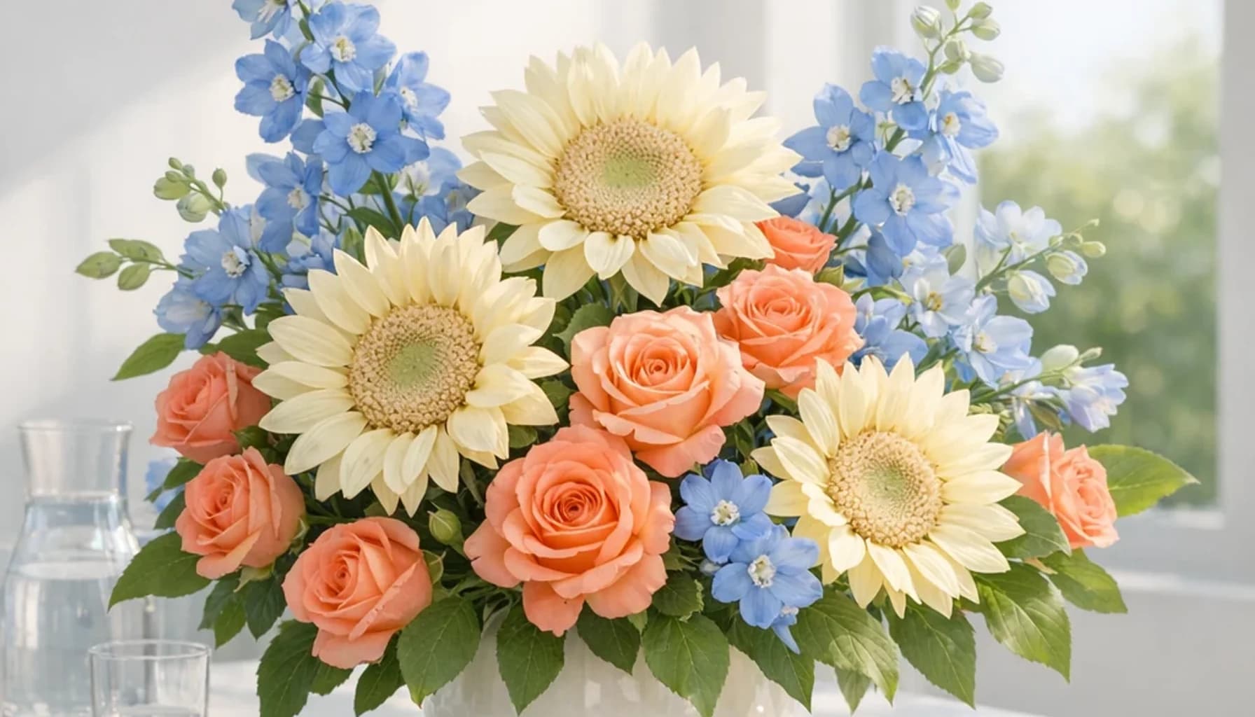 International Albinism Awareness Day flower guide banner featuring sunflowers, coral roses, blue delphinium in sun, coral, blue, green tones