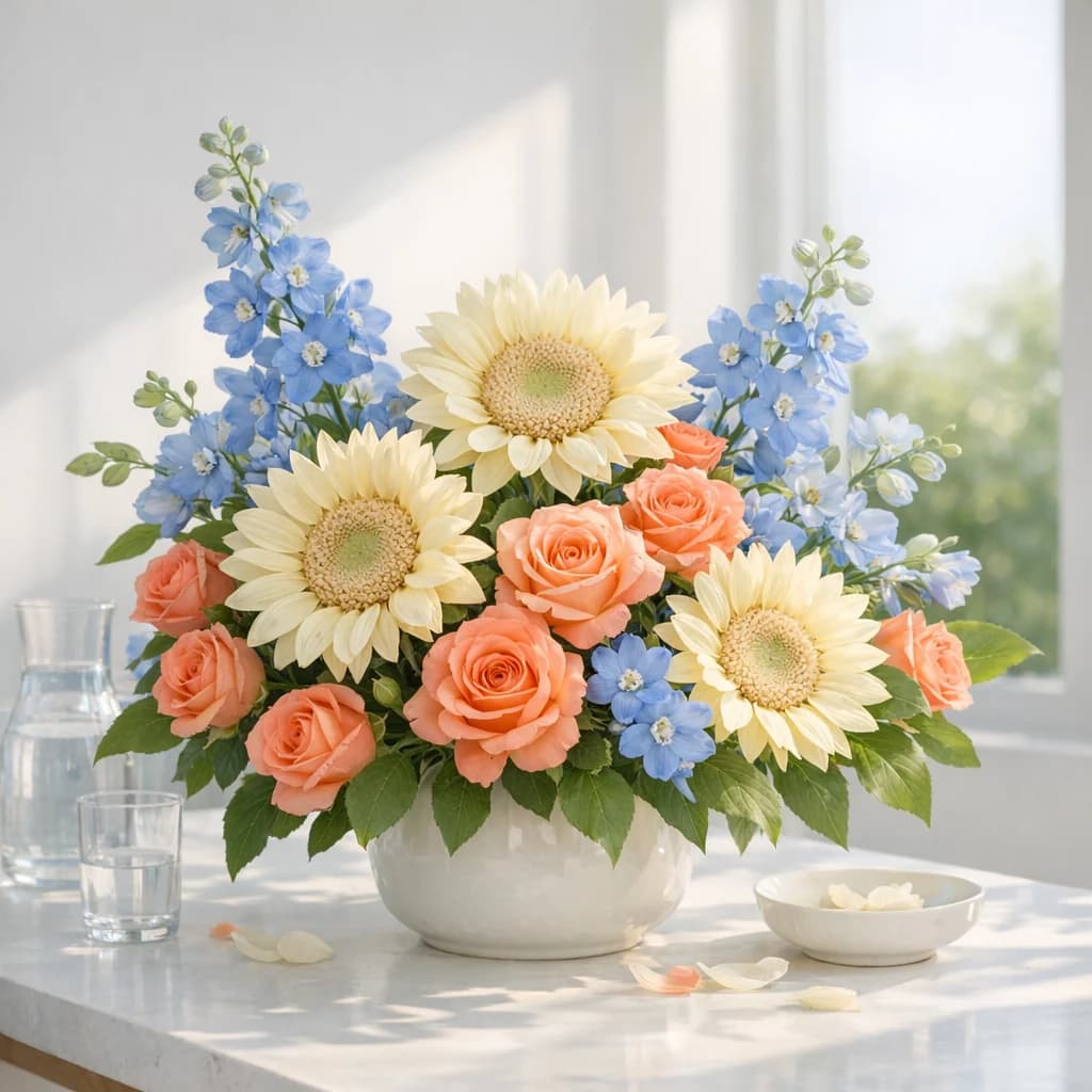 International Albinism Awareness Day floral calendar still life with sunflowers, coral roses, blue delphinium