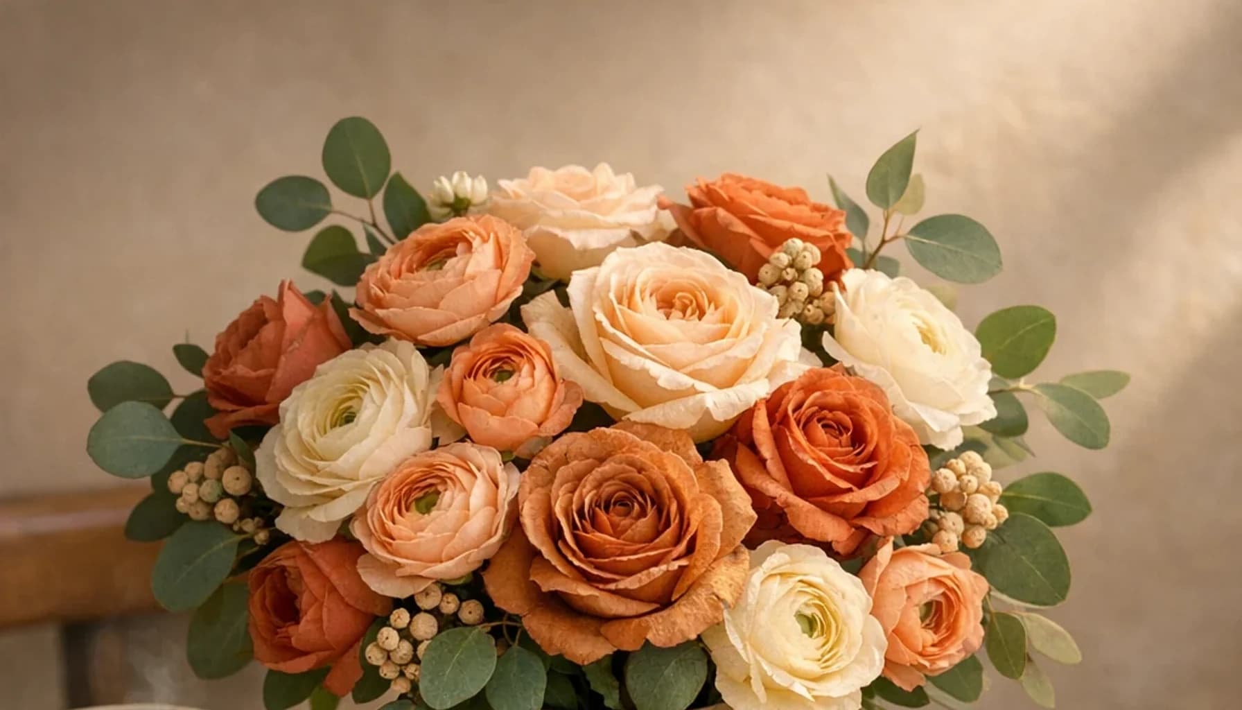 International Coffee Day flower guide banner featuring garden roses, ranunculus, eucalyptus in peach, blush, cream, leaf tones