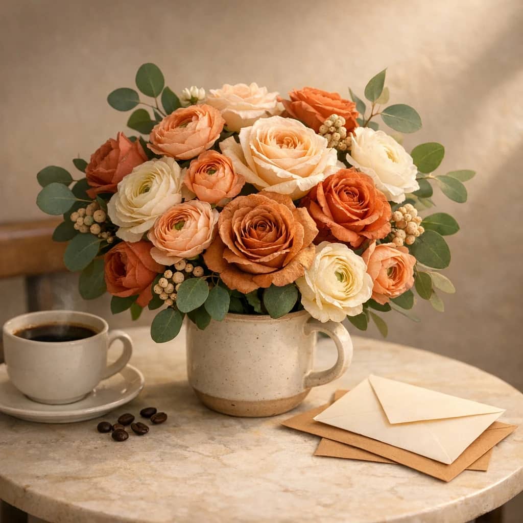 International Coffee Day floral calendar still life with garden roses, ranunculus, eucalyptus