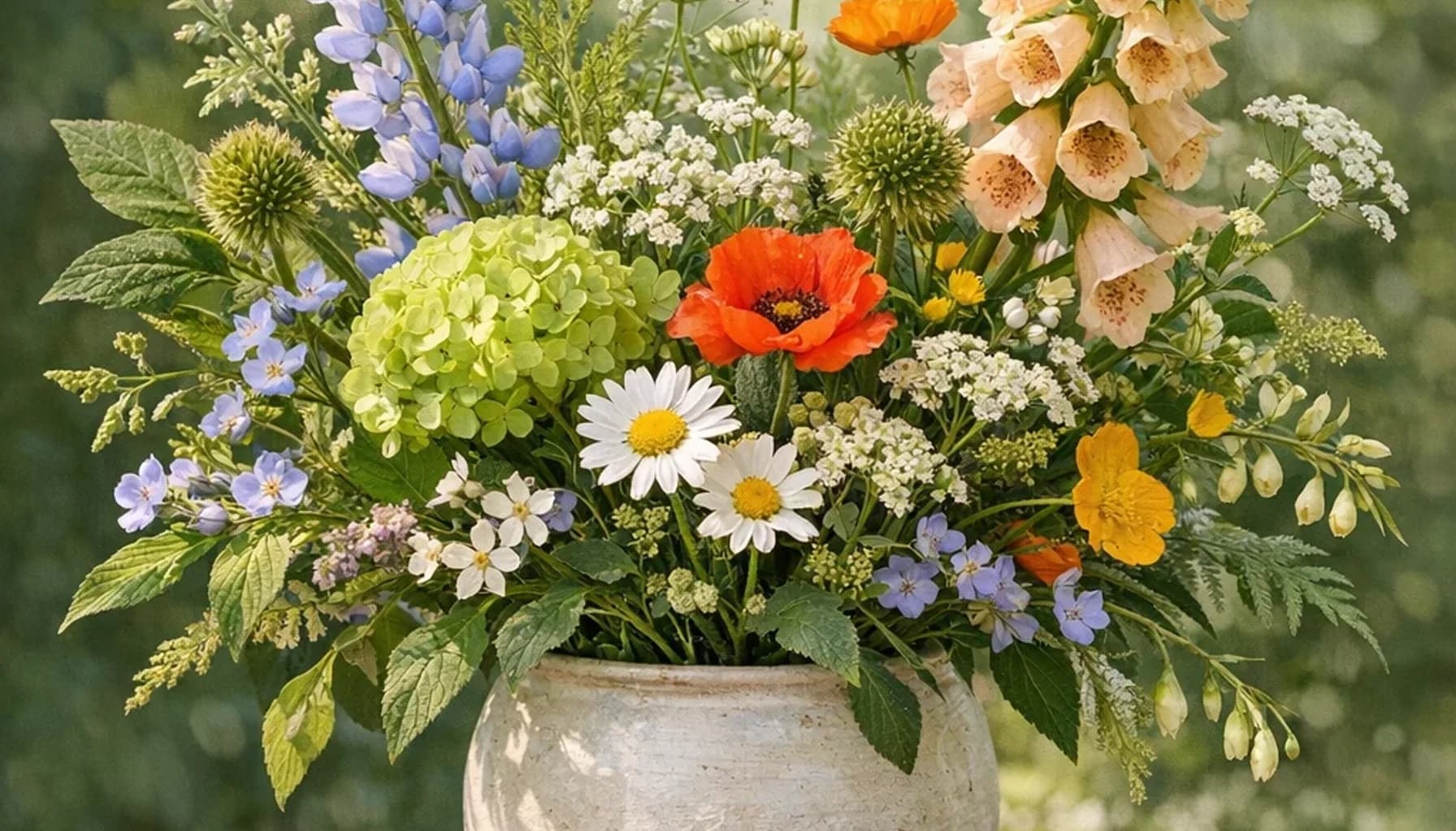 International Day for Biological Diversity flower guide banner featuring seasonal wildflowers, green hydrangea, textural foliage in leaf, moss, sky, clay tones