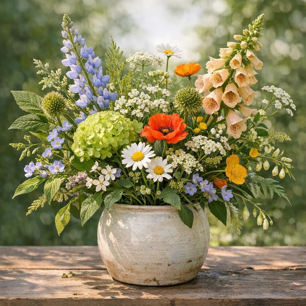 International Day for Biological Diversity floral calendar still life with seasonal wildflowers, green hydrangea, textural foliage