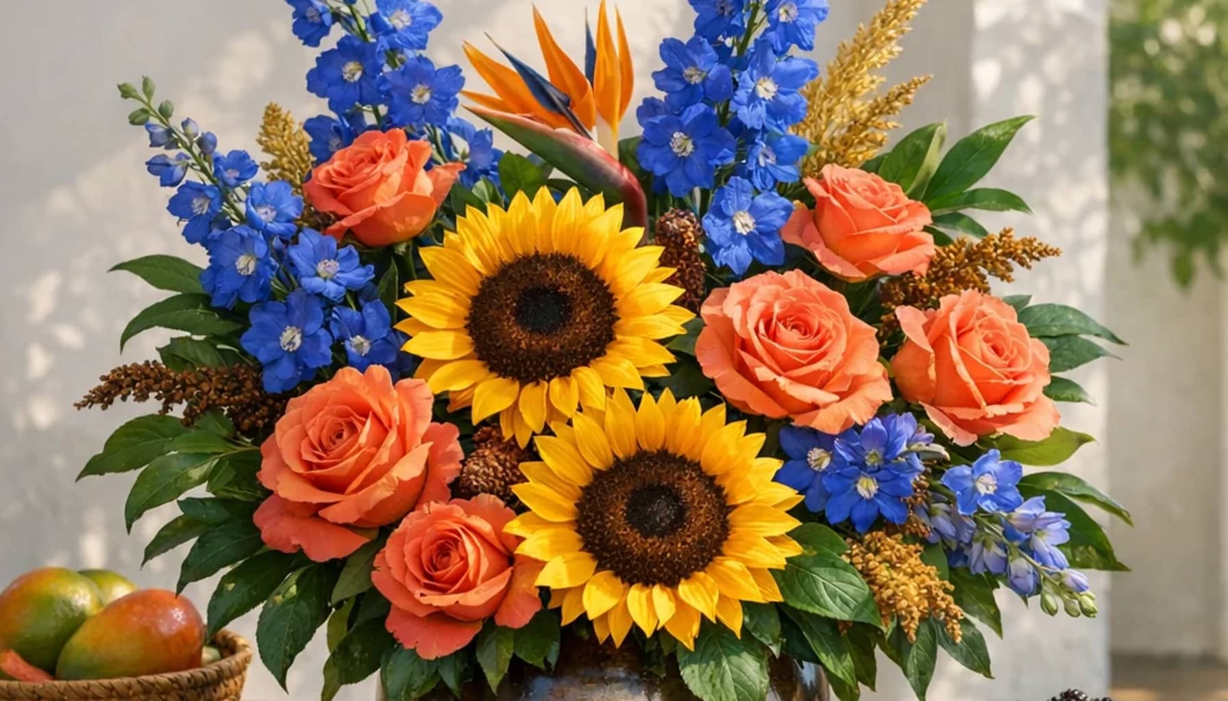 International Day for People of African Descent flower arrangement with sunflowers, coral roses, blue delphinium designed as a respectful community floral guide