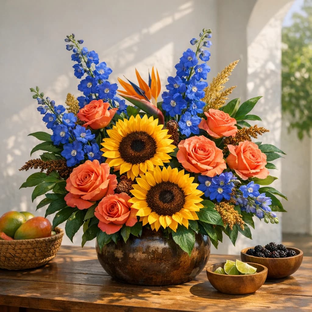 International Day for People of African Descent floral calendar still life with sunflowers, coral roses, blue delphinium