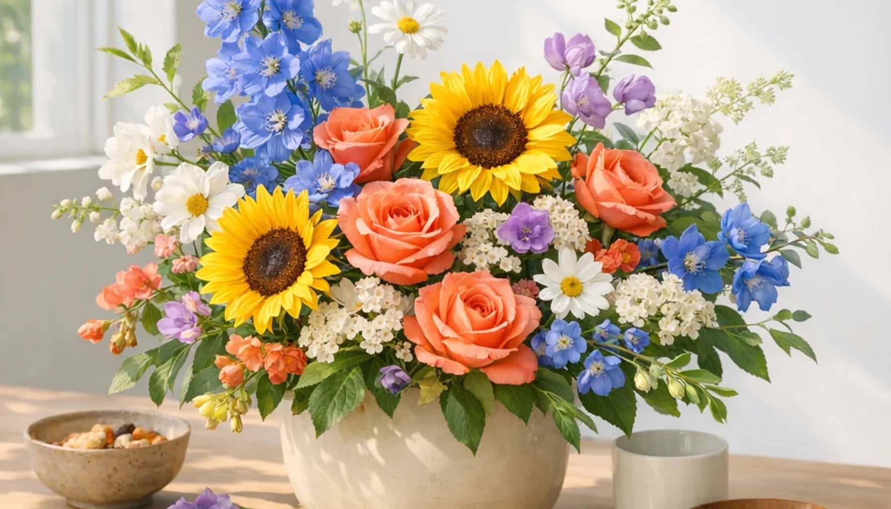 International Day for Tolerance flower arrangement with sunflowers, coral roses, blue delphinium designed as a respectful community floral guide