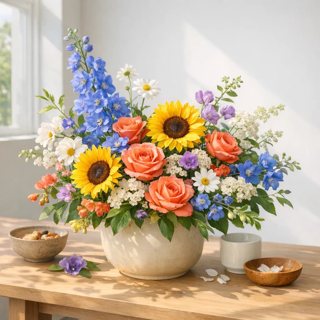 International Day for Tolerance floral calendar still life with sunflowers, coral roses, blue delphinium