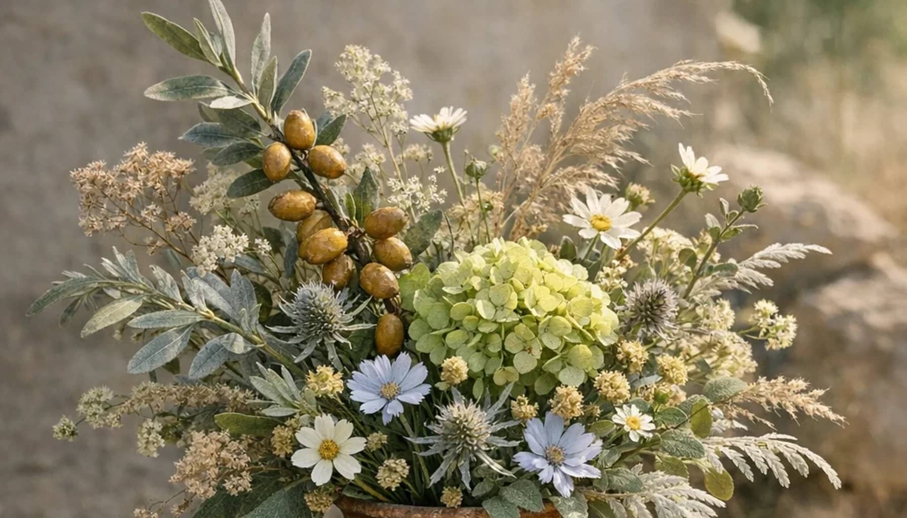 International Day of Argania flower arrangement with seasonal wildflowers, green hydrangea, textural foliage designed as a respectful nature and sustainability floral guide