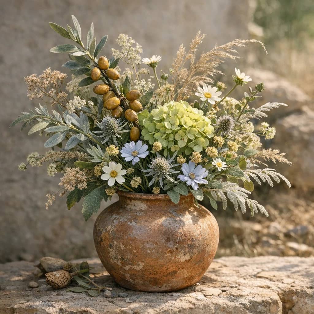 International Day of Argania floral calendar still life with seasonal wildflowers, green hydrangea, textural foliage