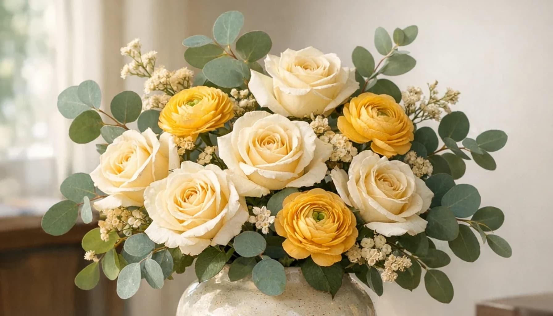 International Day of Charity flower guide banner featuring cream roses, yellow ranunculus, eucalyptus in warm cream, gold, sage, terracotta tones