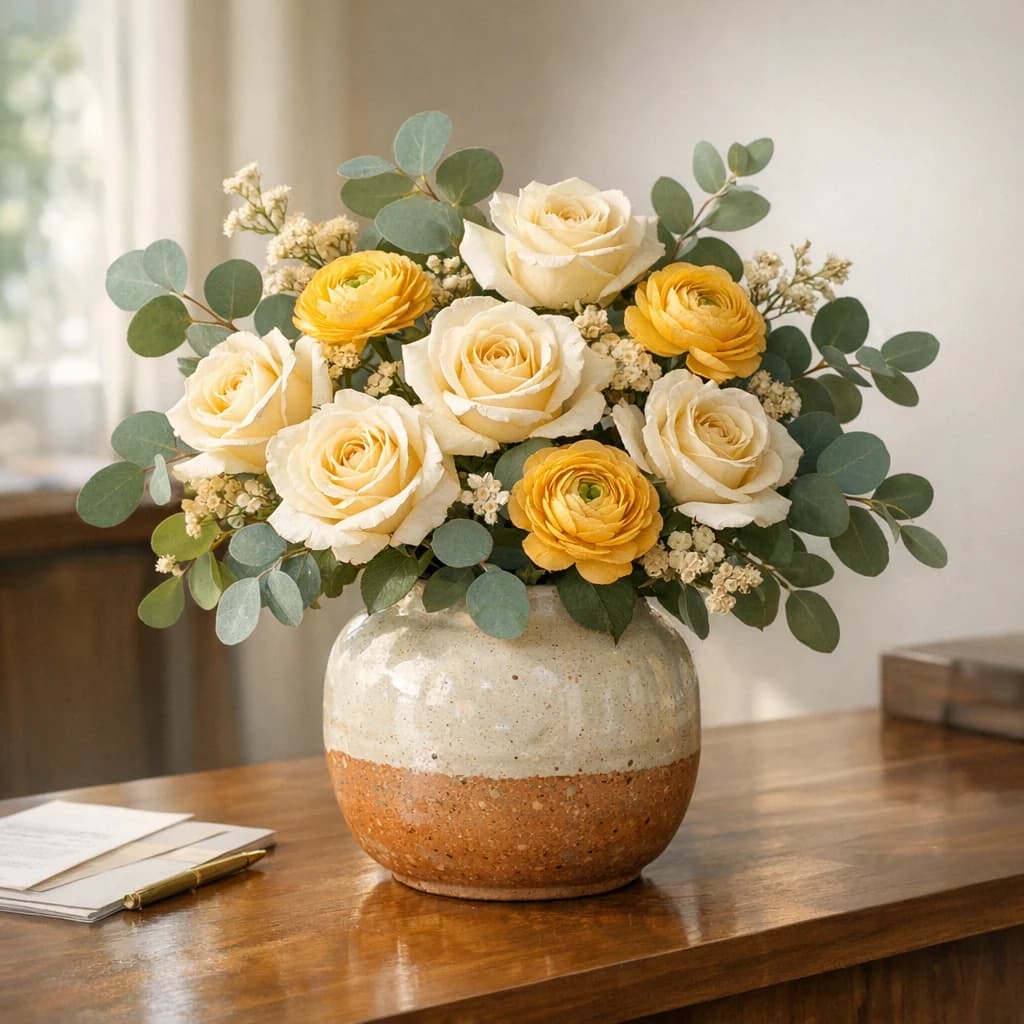 International Day of Charity floral calendar still life with cream roses, yellow ranunculus, eucalyptus