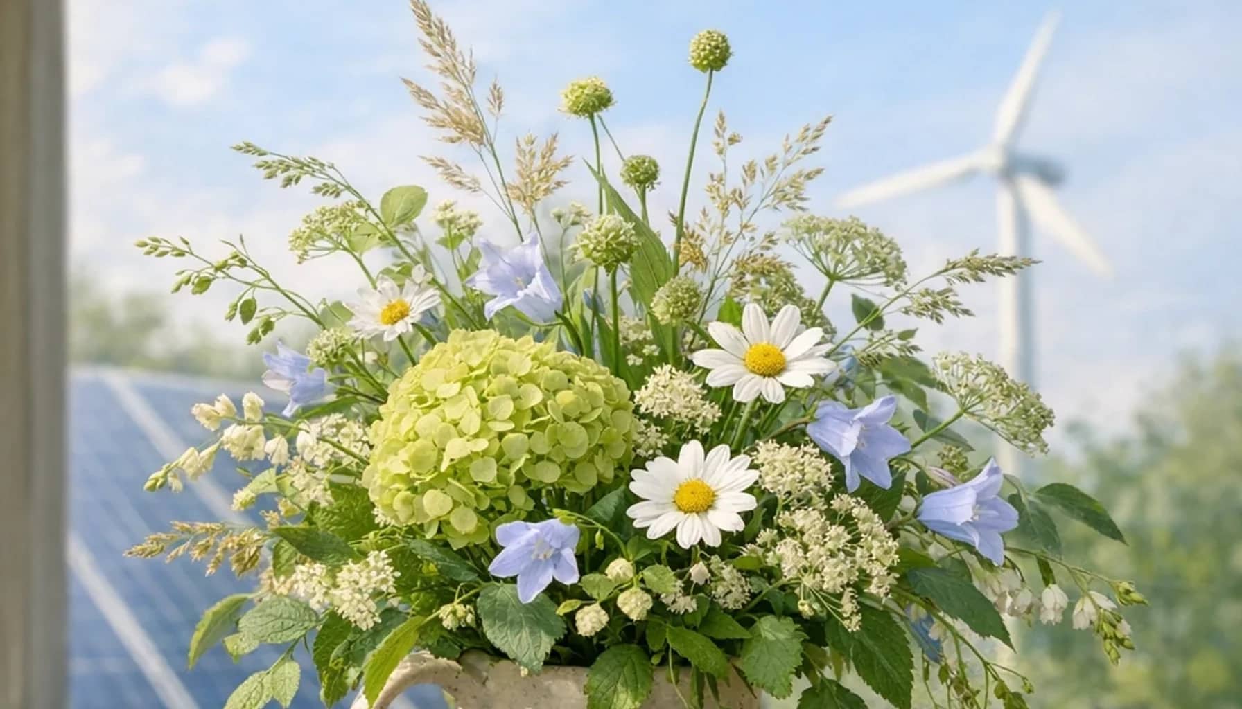 International Day of Clean Energy flower arrangement with seasonal wildflowers, green hydrangea, textural foliage designed as a respectful nature and sustainability floral guide