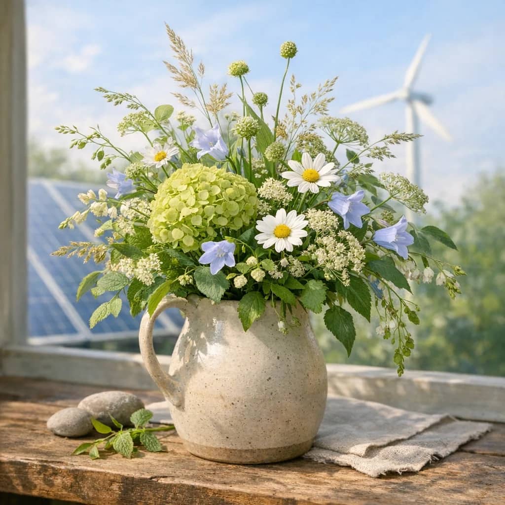 International Day of Clean Energy floral calendar still life with seasonal wildflowers, green hydrangea, textural foliage