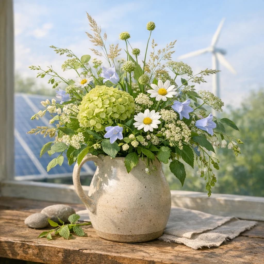 International Day of Clean Energy floral calendar still life with seasonal wildflowers, green hydrangea, textural foliage