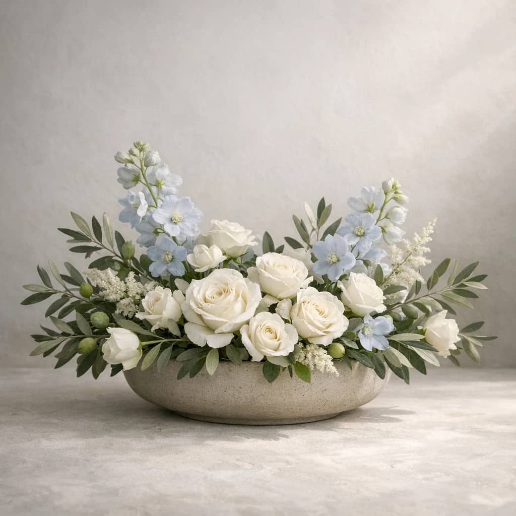 International Day of Conscience floral calendar still life with white roses, olive branches, pale blue delphinium