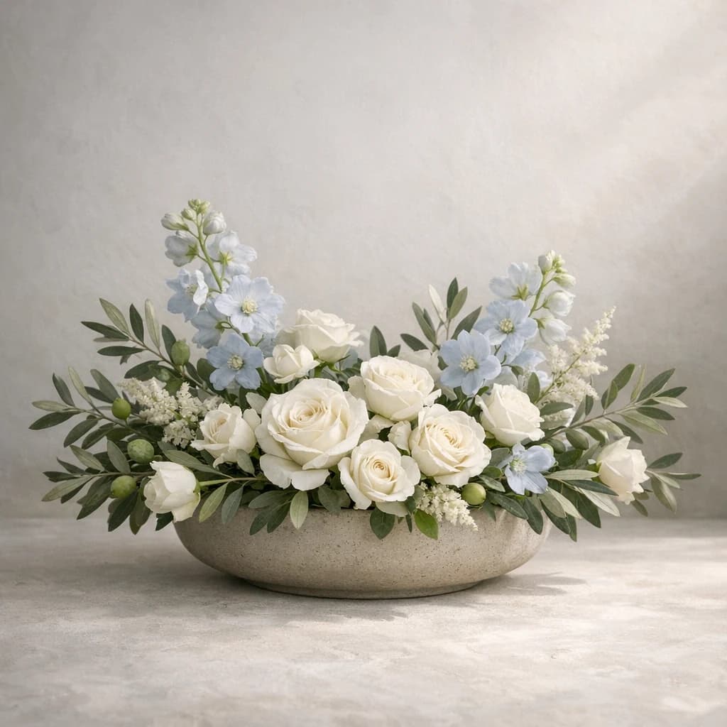 International Day of Conscience floral calendar still life with white roses, olive branches, pale blue delphinium
