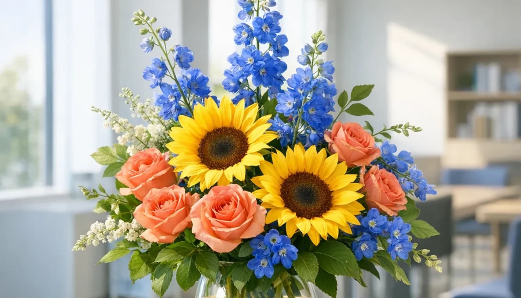 International Day of Democracy flower guide banner featuring sunflowers, coral roses, blue delphinium in sun, coral, blue, green tones