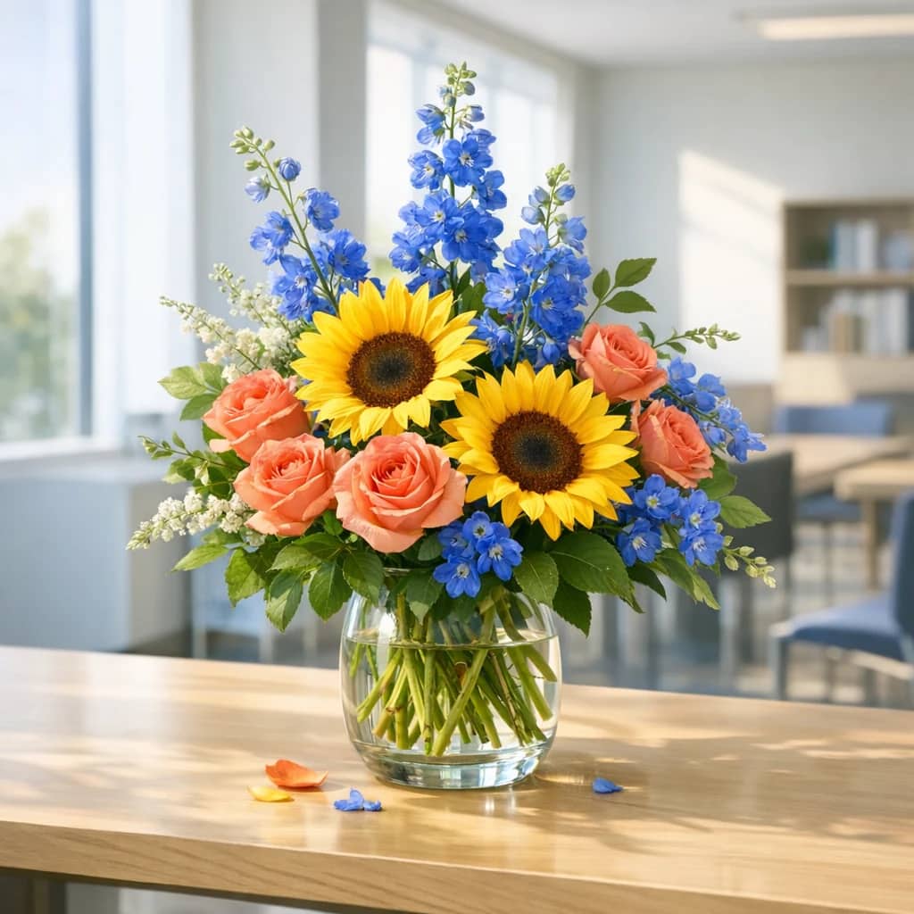 International Day of Democracy floral calendar still life with sunflowers, coral roses, blue delphinium
