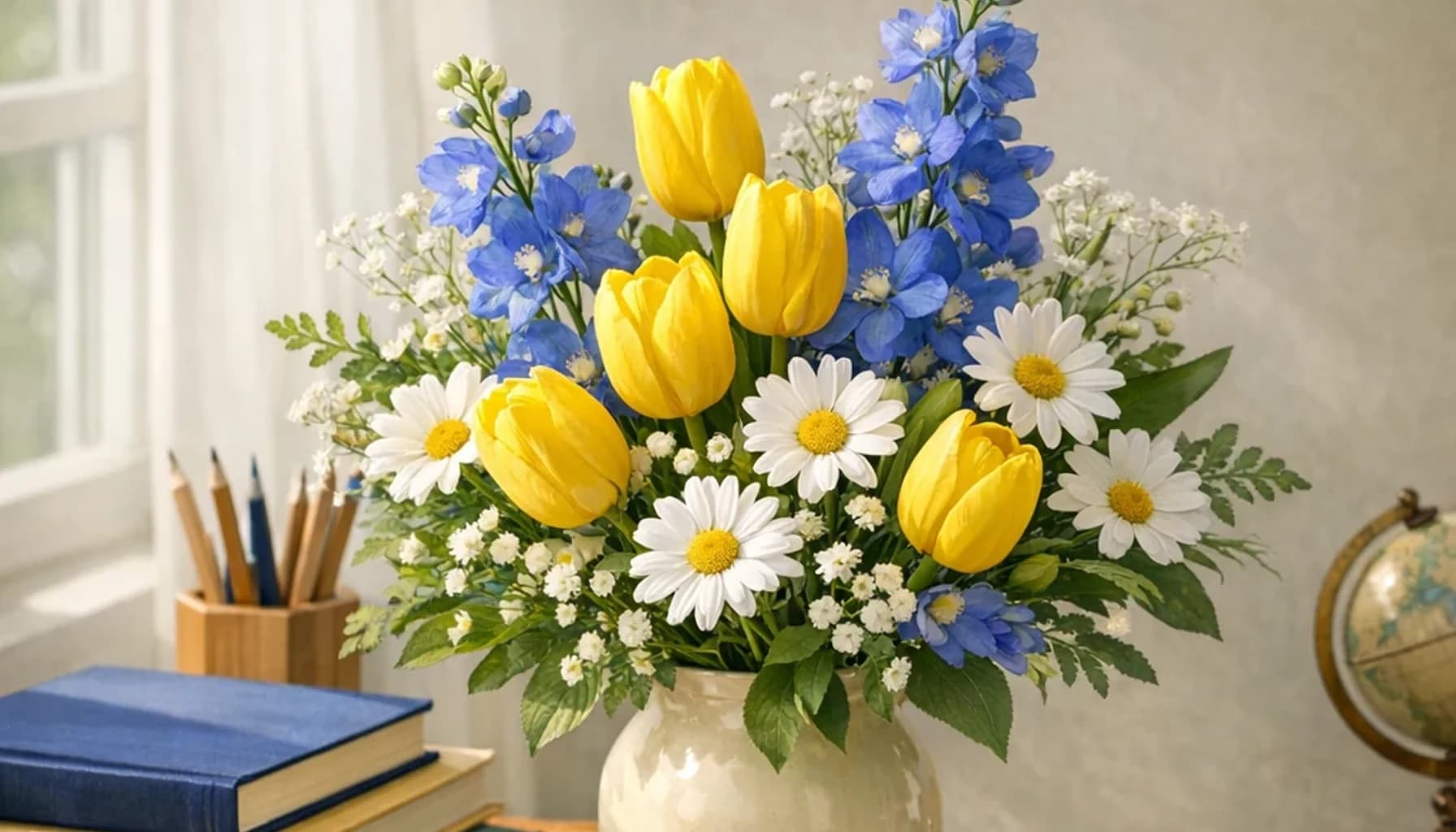 International Day of Education flower guide banner featuring yellow tulips, white daisies, blue delphinium in notebook yellow, paper, ink blue, sage tones
