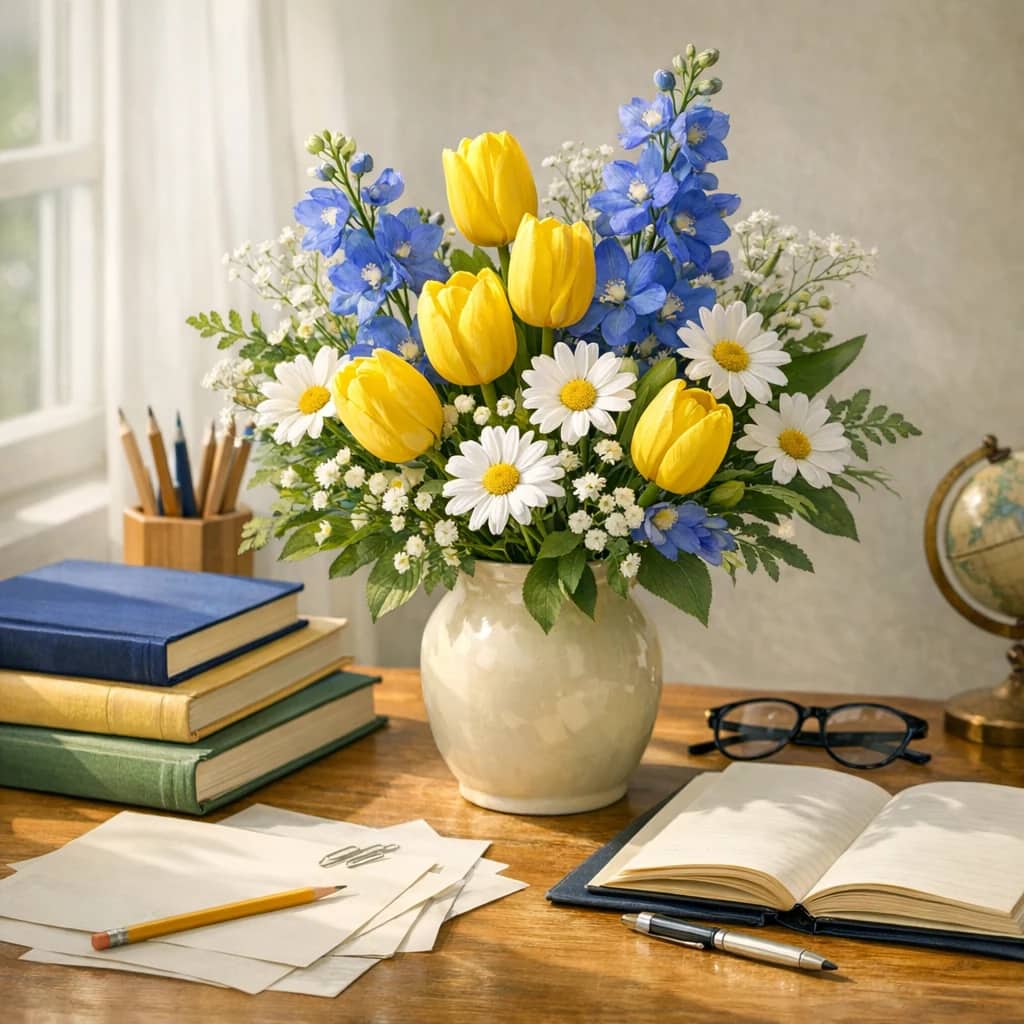 International Day of Education floral calendar still life with yellow tulips, white daisies, blue delphinium
