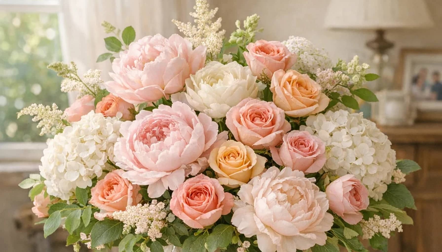 International Day of Families flower arrangement with peonies, pink roses, white hydrangea designed as a respectful family and care floral guide