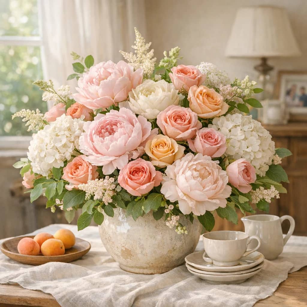 International Day of Families floral calendar still life with peonies, pink roses, white hydrangea