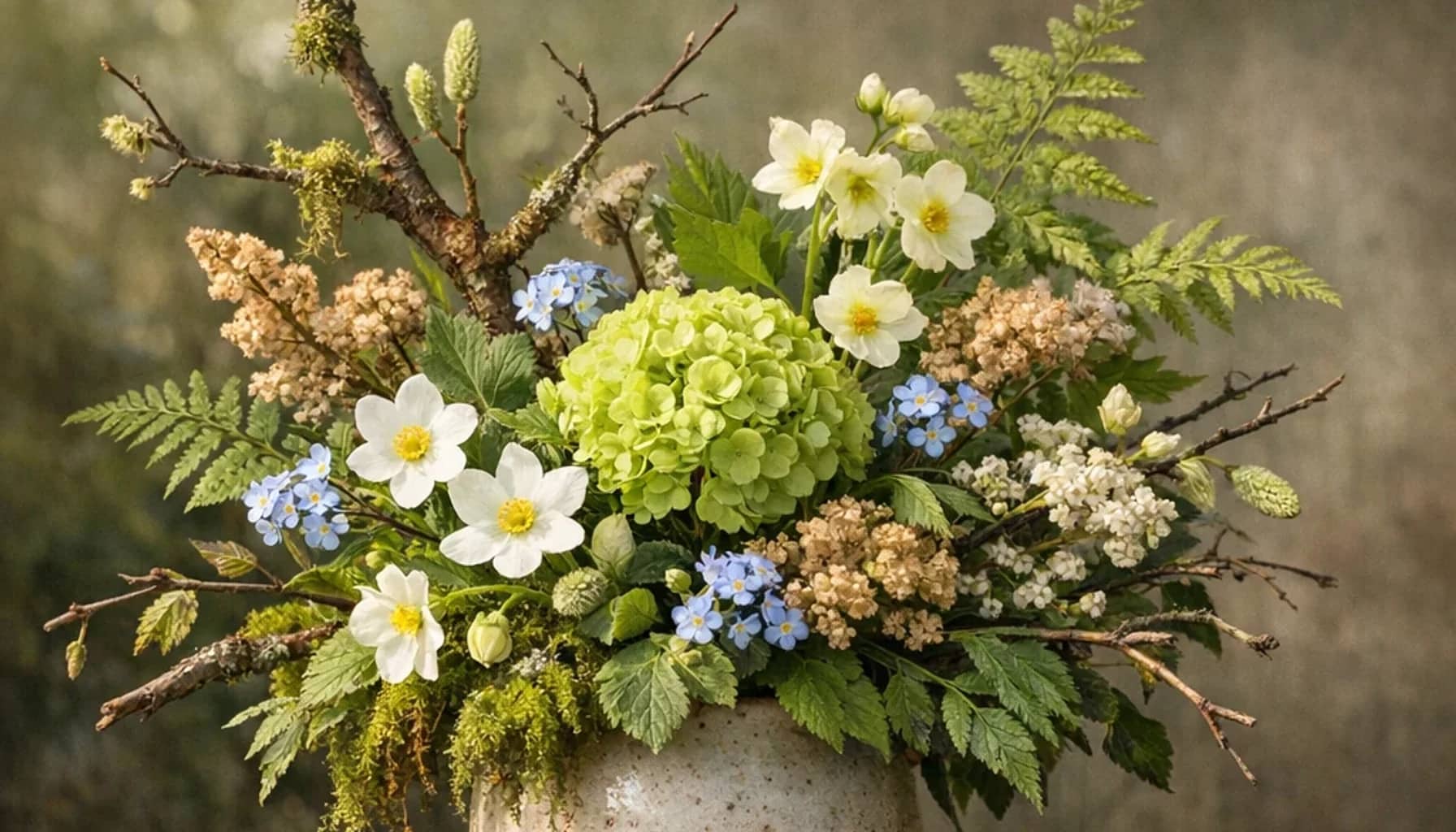 International Day of Forests flower arrangement with seasonal wildflowers, green hydrangea, textural foliage designed as a respectful nature and sustainability floral guide