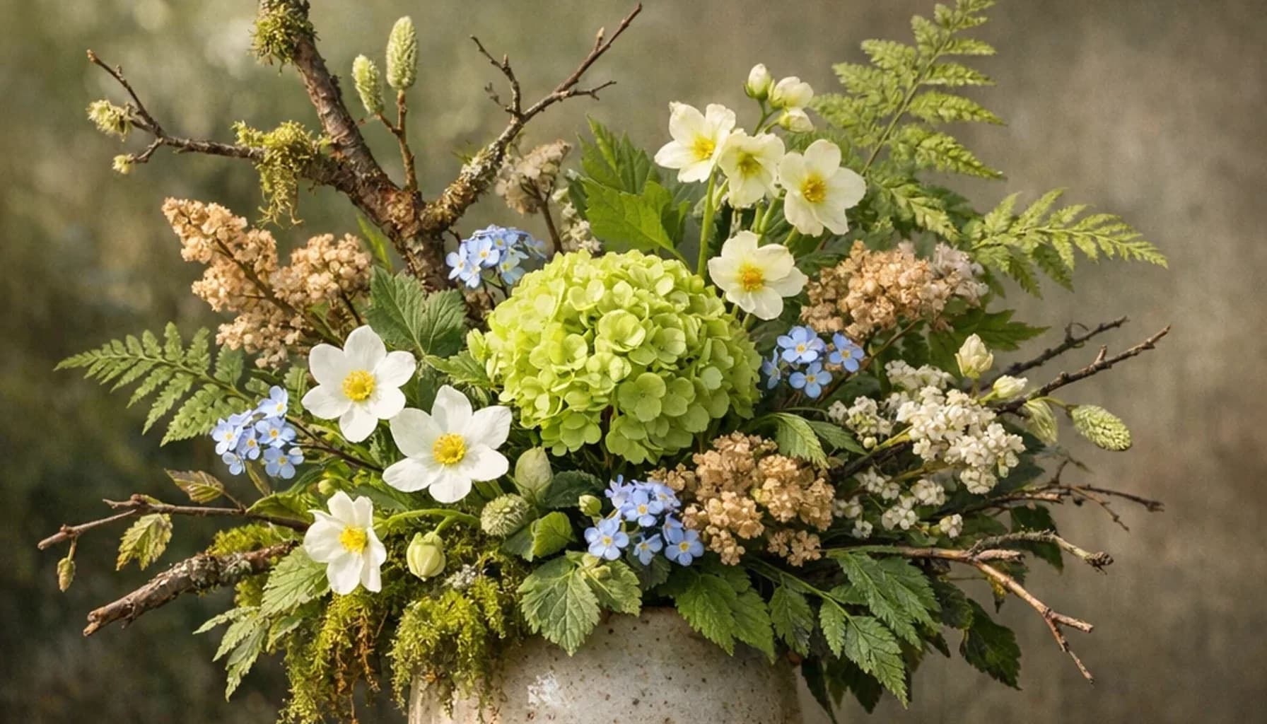 International Day of Forests flower guide banner featuring seasonal wildflowers, green hydrangea, textural foliage in leaf, moss, sky, clay tones