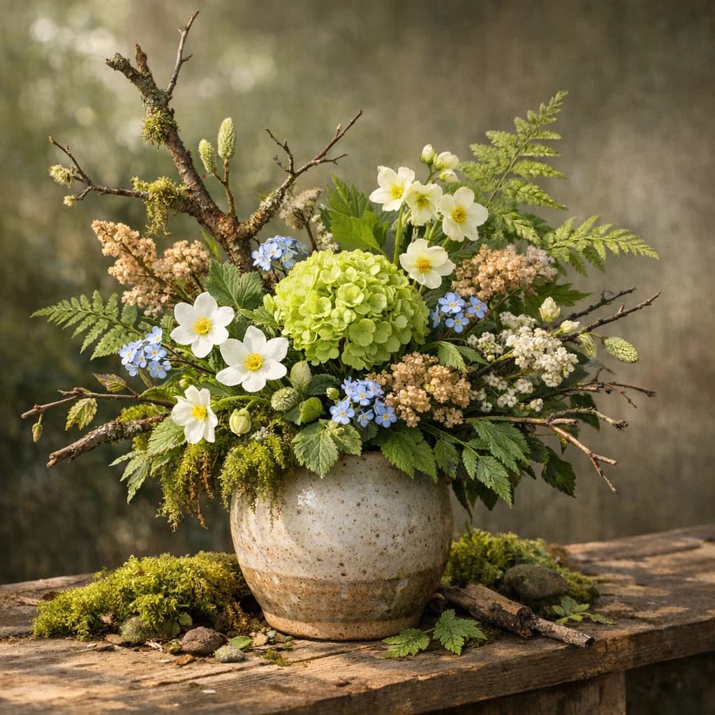 International Day of Forests floral calendar still life with seasonal wildflowers, green hydrangea, textural foliage