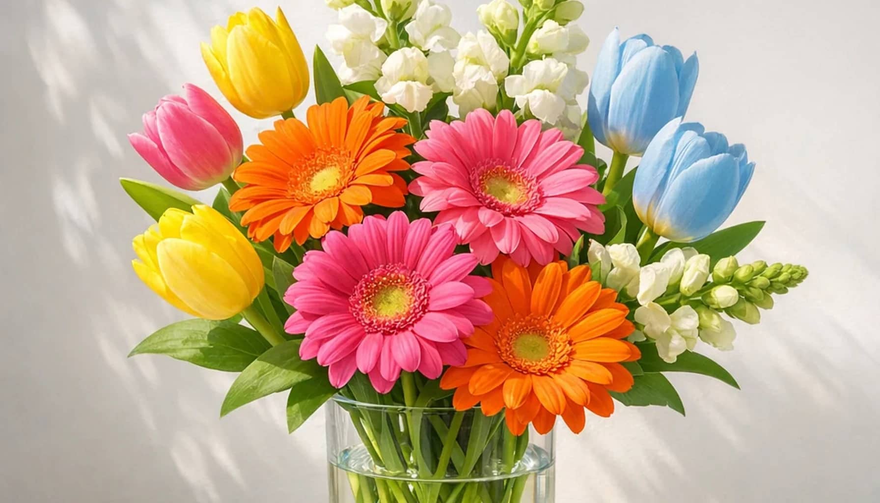 International Day of Happiness flower arrangement with gerbera daisies, tulips, snapdragons designed as a respectful youth and possibility floral guide