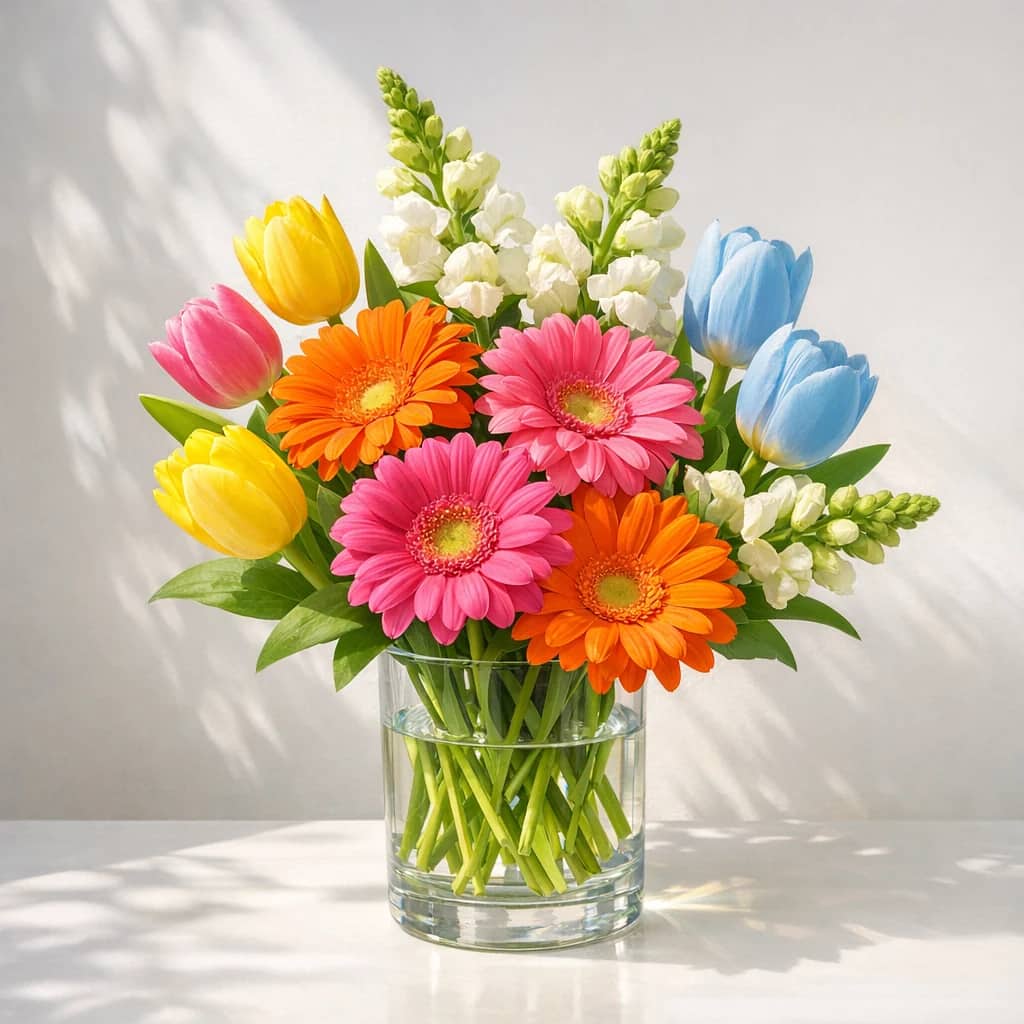 International Day of Happiness floral calendar still life with gerbera daisies, tulips, snapdragons