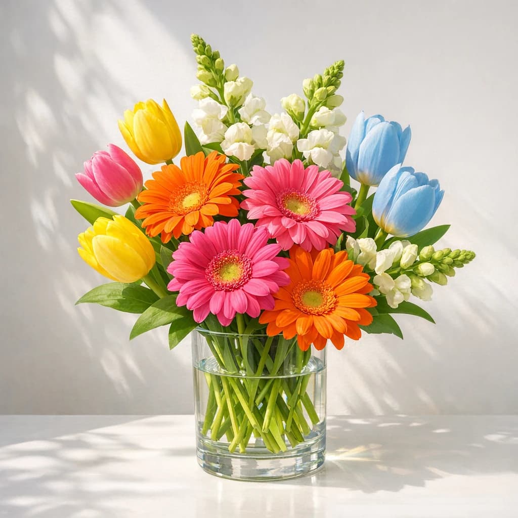 International Day of Happiness floral calendar still life with gerbera daisies, tulips, snapdragons